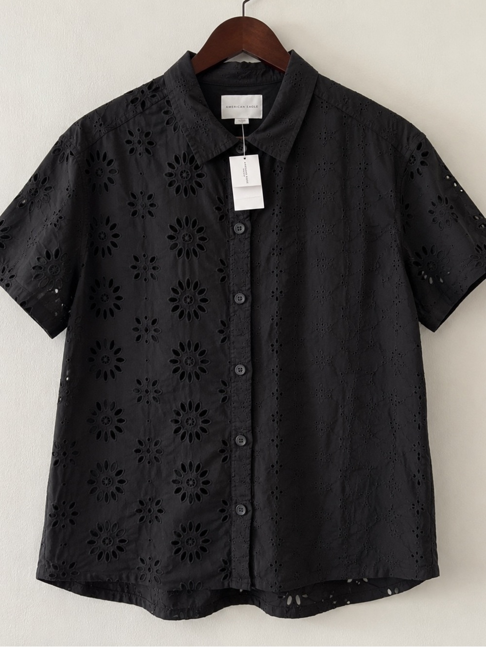 American Eagle Outfitters Black Eyelet Button-Down Blouse Cotton NWT Petite S